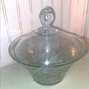 Elegant frosted Glass Lidded Bowl with indented leaves.
